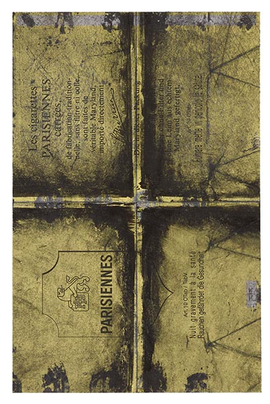 Parisiennes suite, 2000. Ensemble de 52 encres de Chine sur paquet de cigarettes "Parisiennes carrées", 14x9 cm.