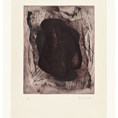 Estampe 15/2, 2015. Pointe sèche bordeaux et noir tête-bêche sur chine, 30x24 cm, unique.