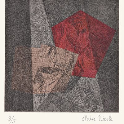 Estampe 96/2, 1996. Pointe sèche et collage rouge sur chine, 12,3x12,3 cm.
