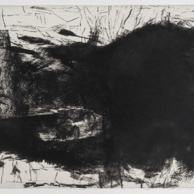 Estampe 19/1, 2019. Pointe sèche, berceau, roulette et abrasif sur Chine appliqué sur papier vélin, 295x463 mm. Editions Musée Jenisch Vevey, Cabinet cantonal des estampes.