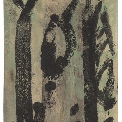 Monotype 21/9, 2021. Noir de vigne sur papier journal, 23x16 cm, unique.